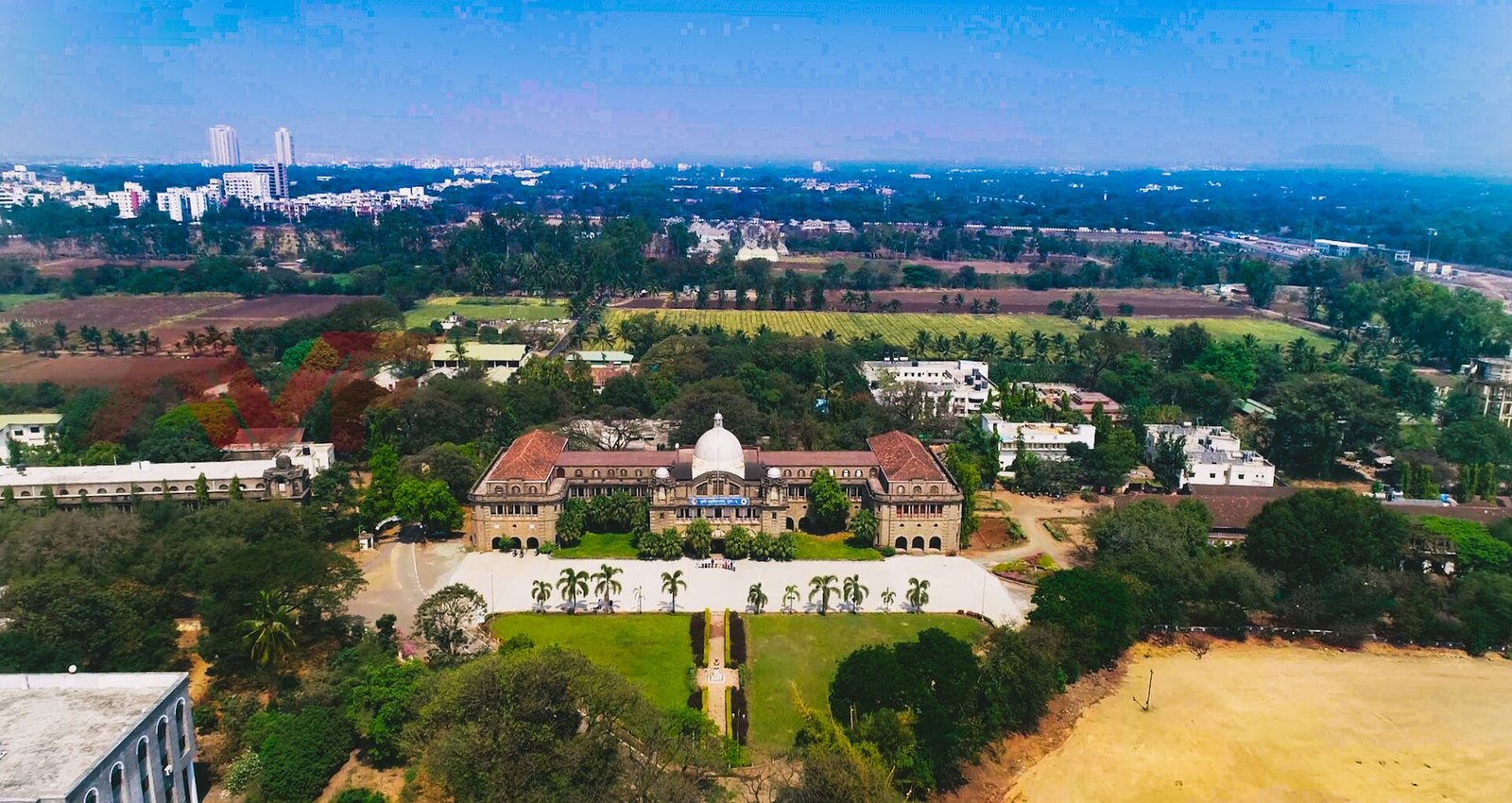 Aerial drone view of the College of Agriculture in Pune.