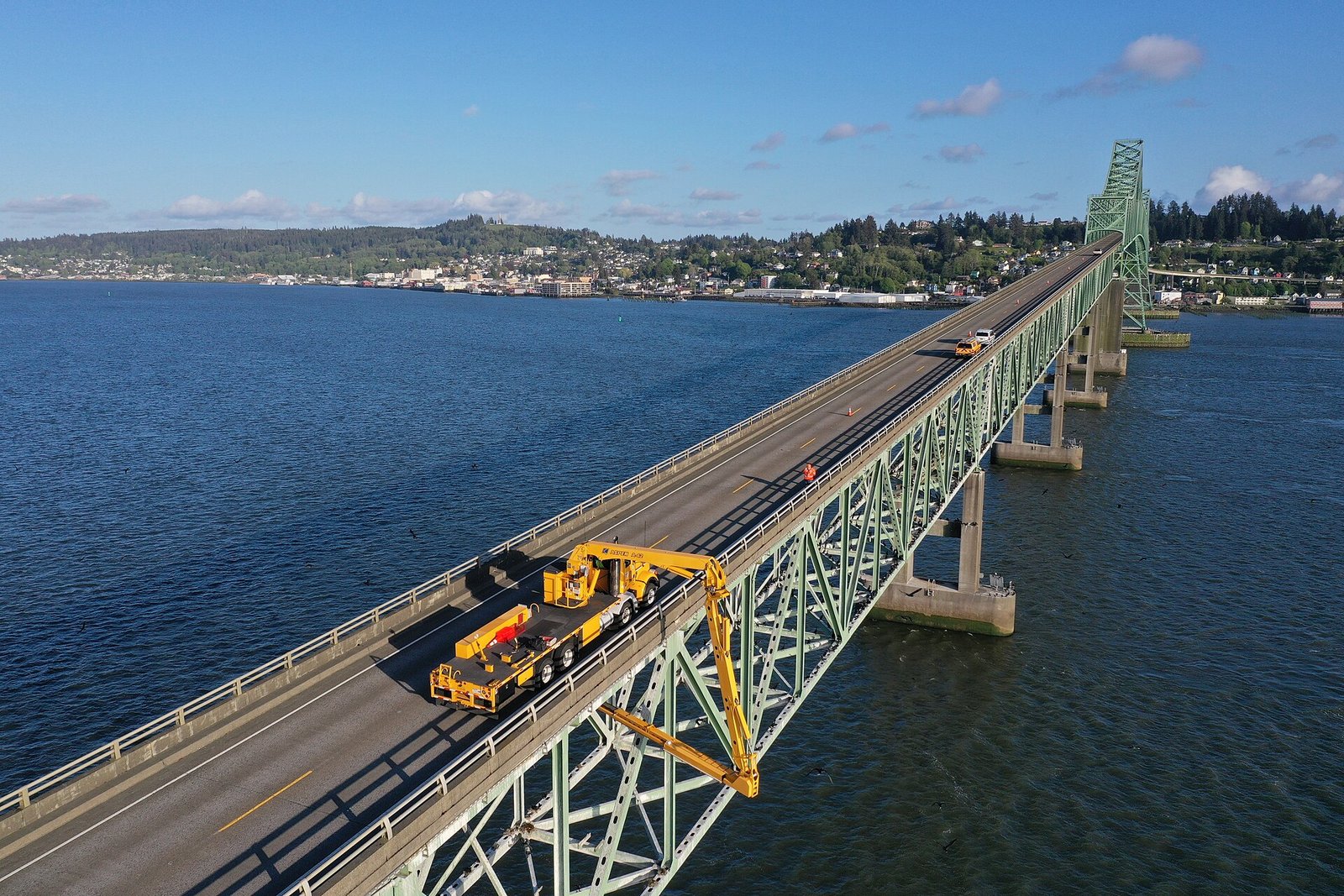 Bridge inspection documented from a drone perspective.